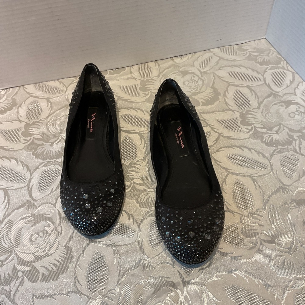 Nina Ballet Flats Womens 7.5 Black Excellent Rhinestone Embellished Satin Shoes